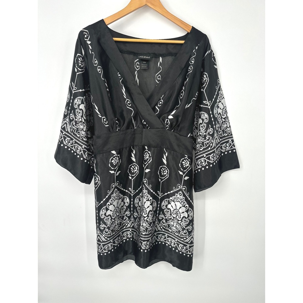 Lane Bryant Tunic Dress Womens 22/24 Black White Floral‎ Surplice Kimono Satin